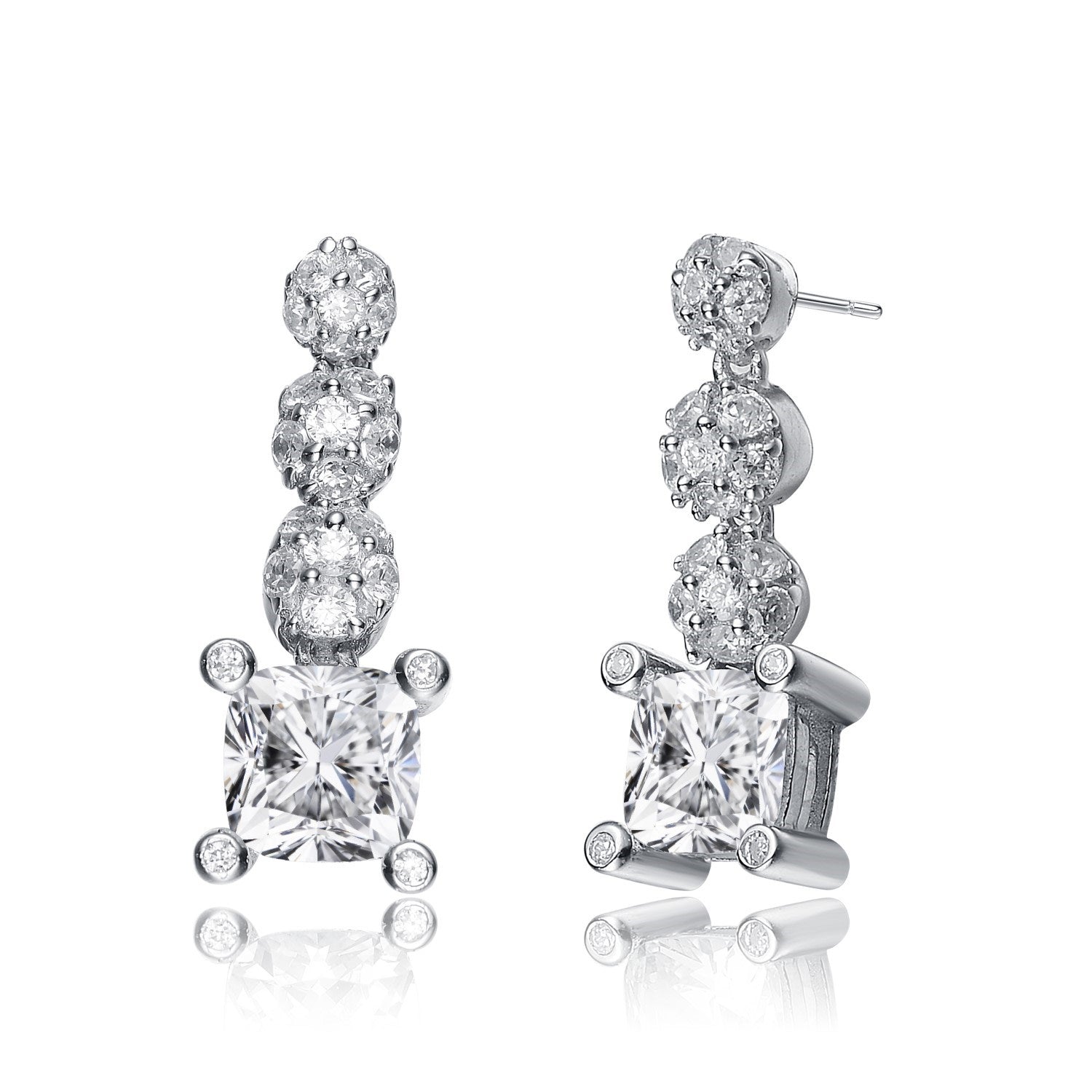 Sterling Silver White Gold Plated With Three Round Clear Cubic Zirconia Square Stud Drops