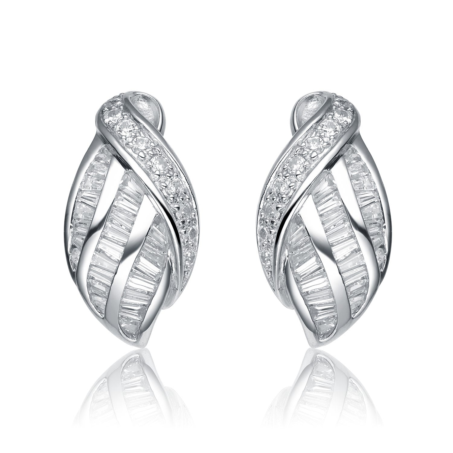 Sterling Silver White Gold Plated With Clear Cubic Zirconia Weaved Earrings