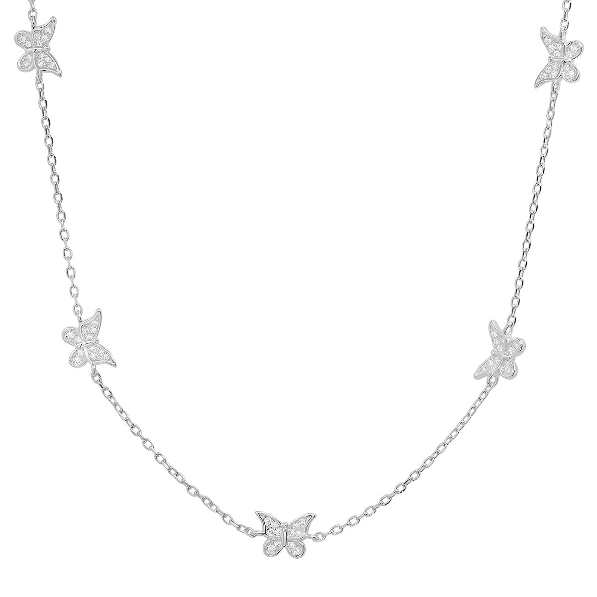 Diamond Cz Butterfly Station Necklace In Sterling Silver