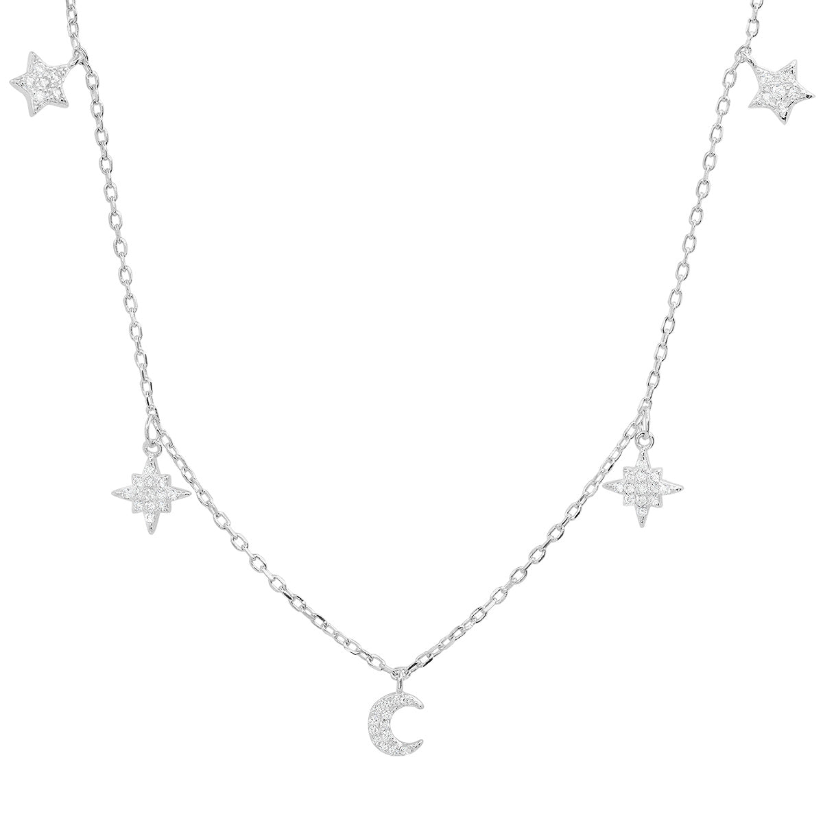 Dangling Celestial Charm Necklace In Sterling Silver