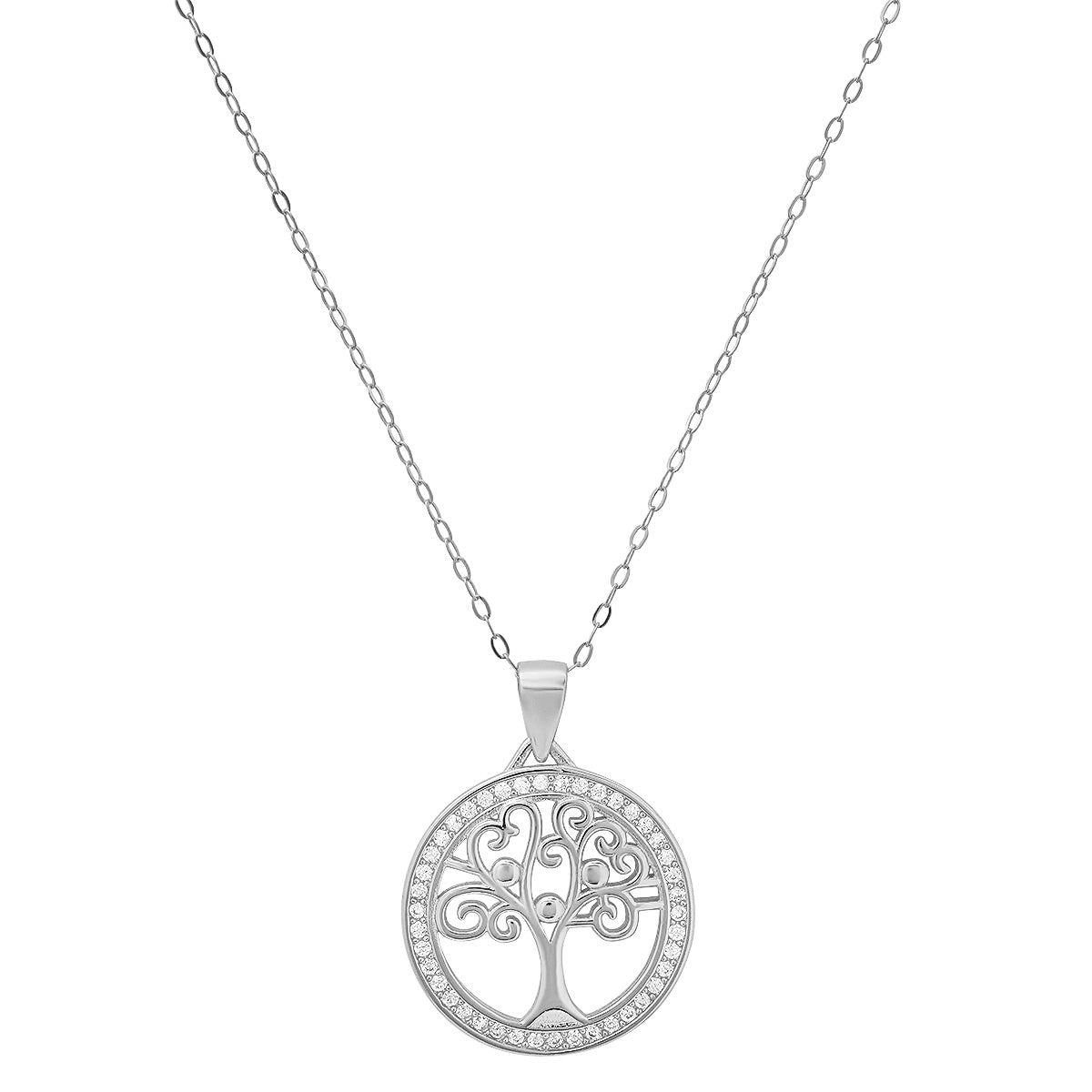 Sterling Silver Diamond Cz Tree Of Life Pendant Necklace