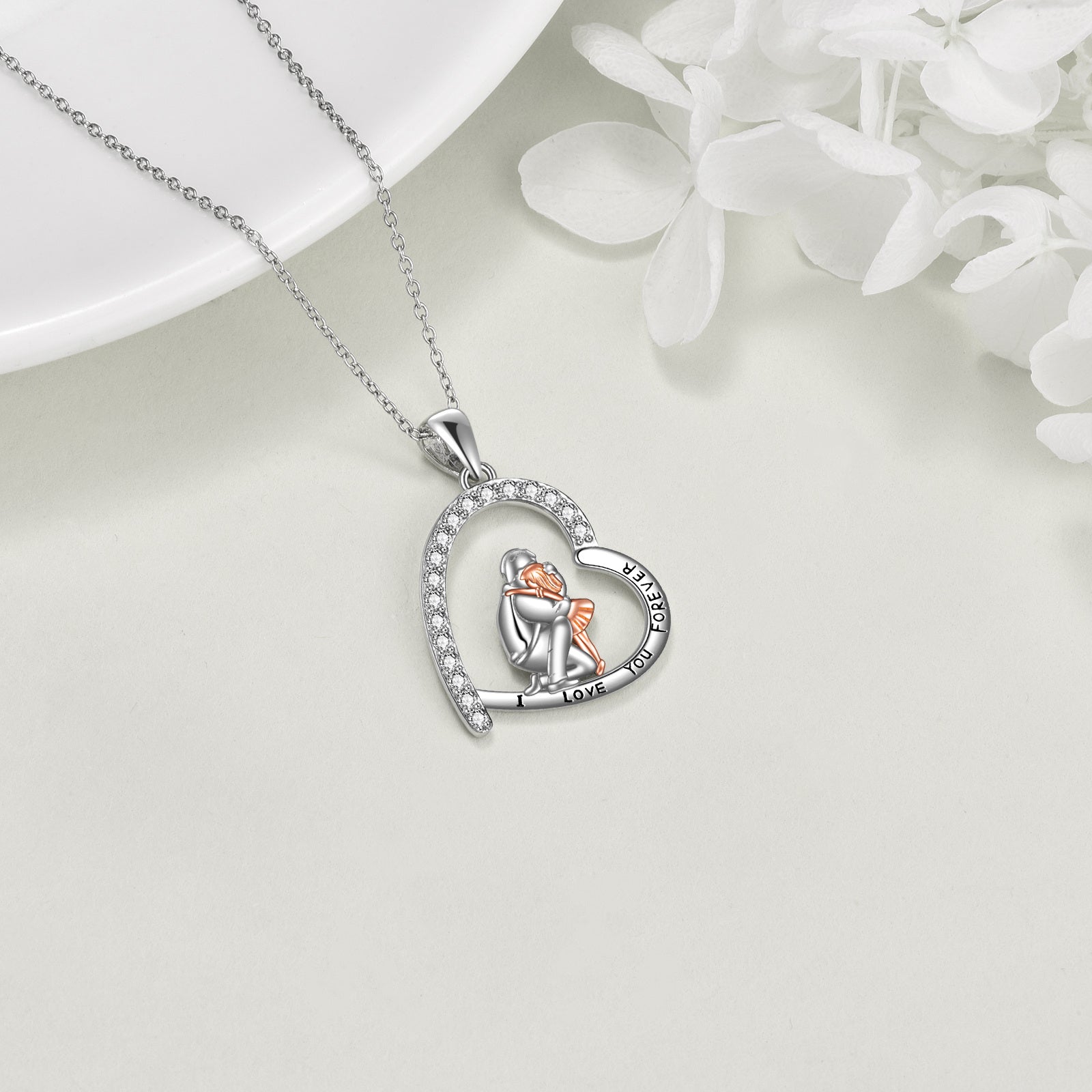 Sterling Silver Two-tone Father & Daughter & Heart Engraved Necklace for Women