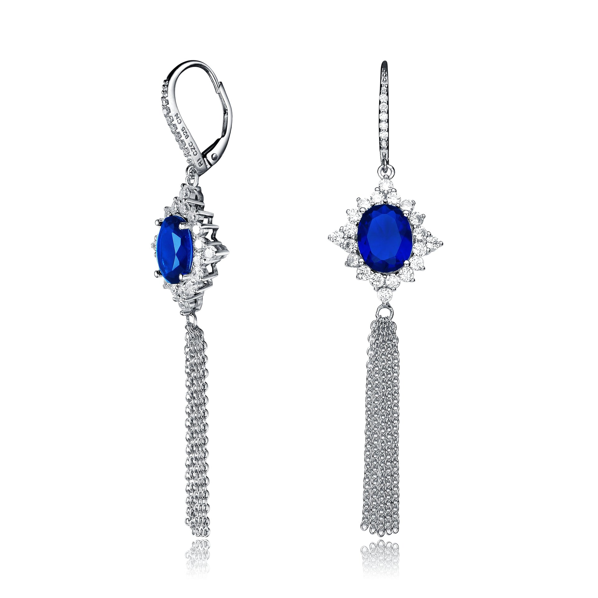 Sterling Silver Deep Blue Cubic Zirconia Tassel Earrings