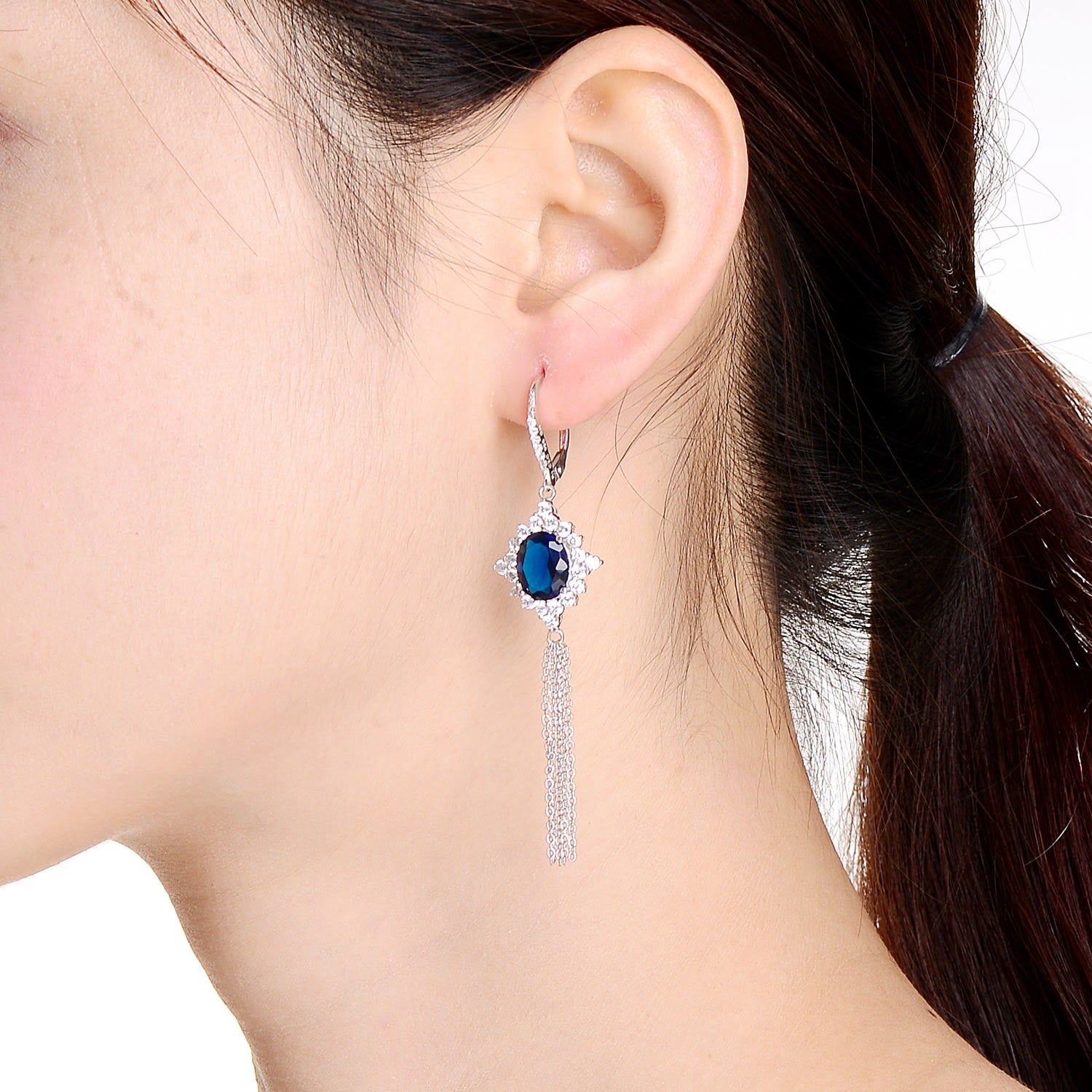 Sterling Silver Deep Blue Cubic Zirconia Tassel Earrings