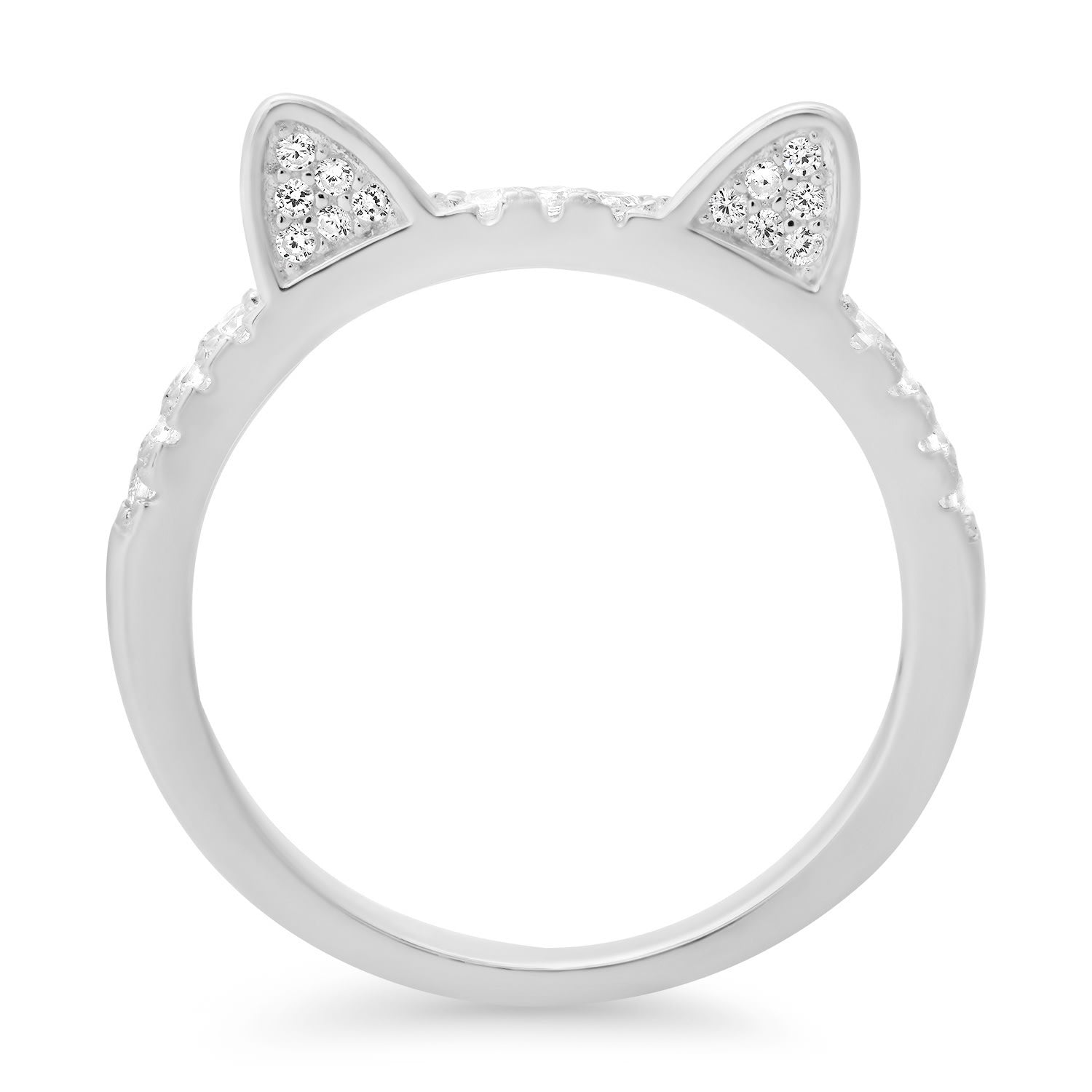 Sterling Silver Diamond Cz Kitty Cat Band Ring