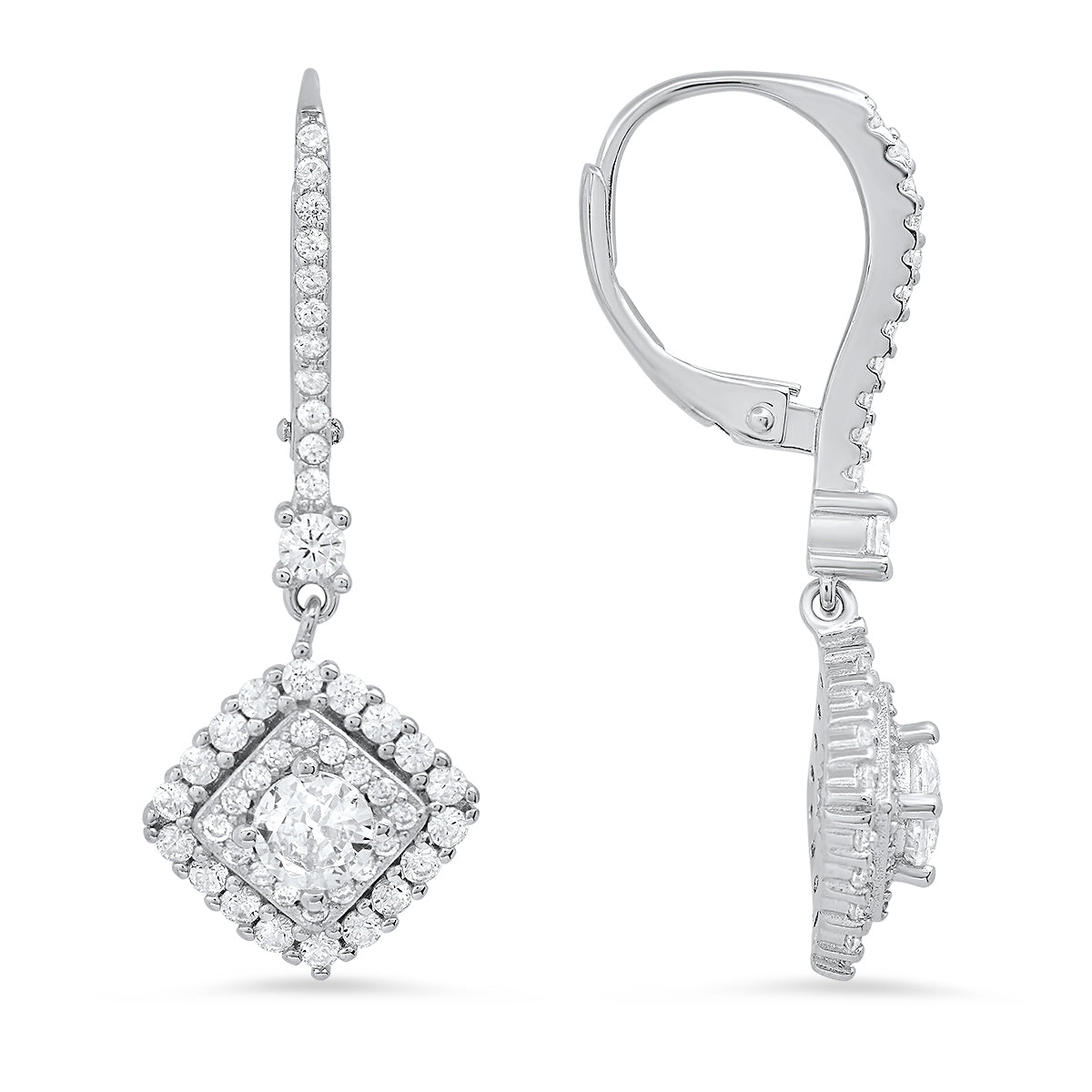 Dangling Diamond Cz Halo Leverback Earrings In Sterling Silver