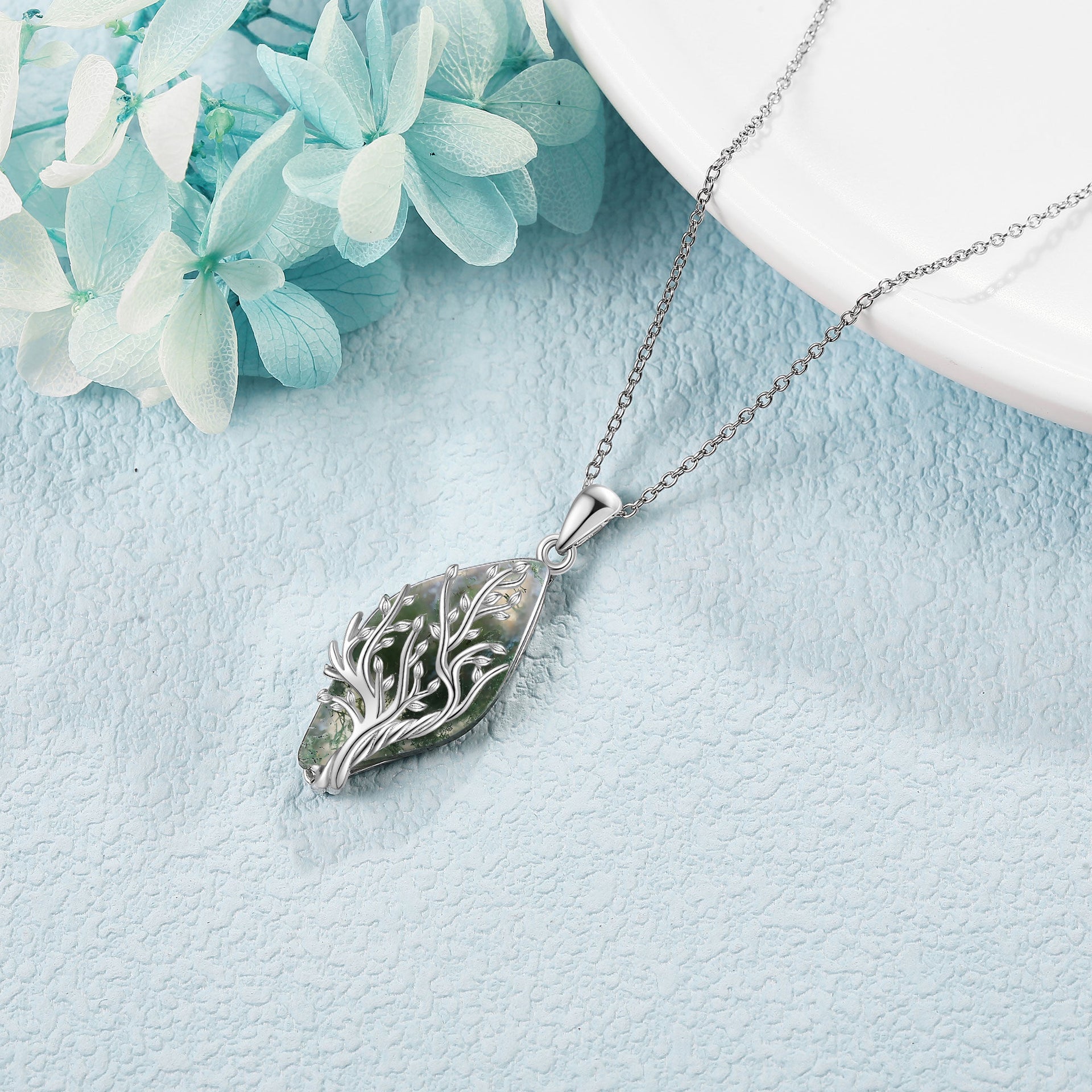 Sterling Silver Diamond Shaped Moss Agate Tree Of Life Pendant Necklace