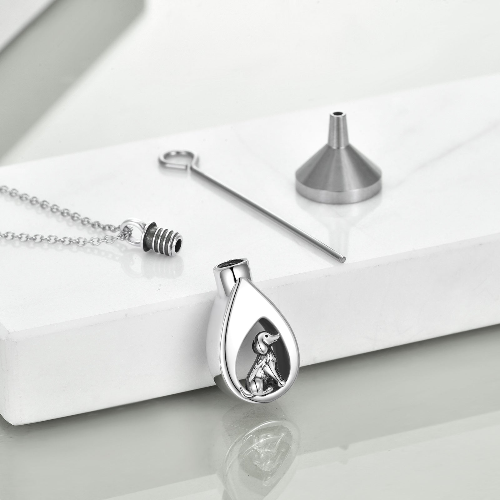 Sterling Silver Dog & Drop Shape Urn Necklace for Ashes