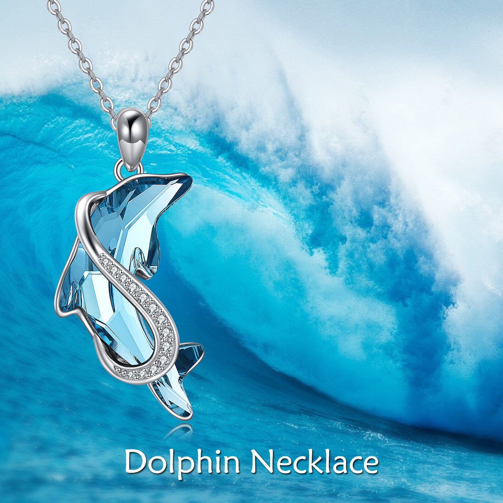 Sterling Silver Dolphin Blue Crystal Pendant Necklace