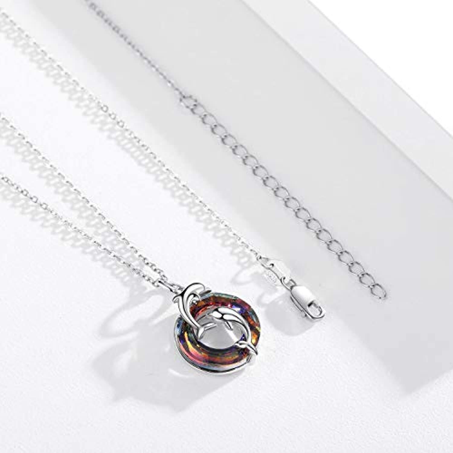Sterling Silver Dolphin Lovers with Blue Circle Crystal Pendant Necklace