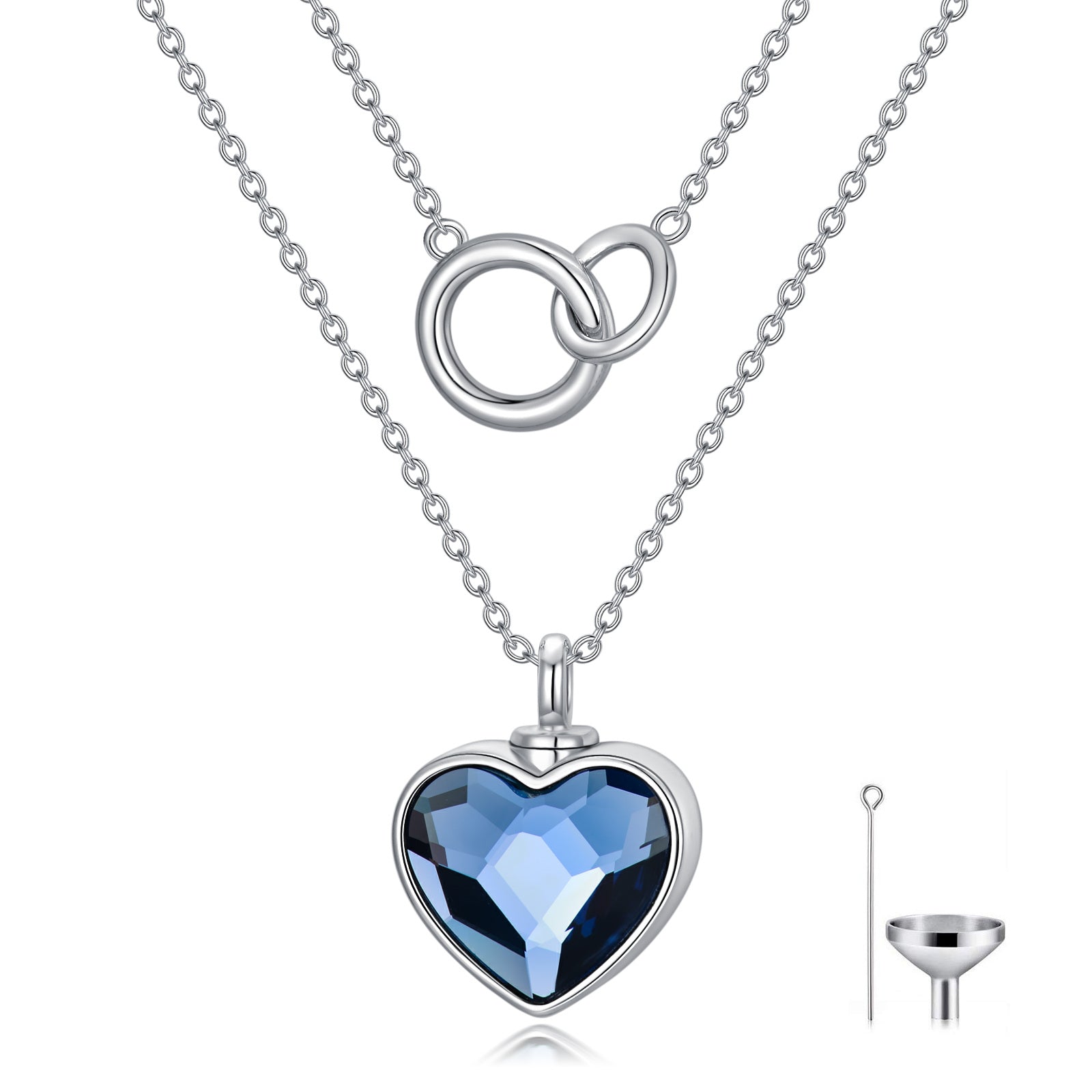 Sterling Silver Double Layer Heart Crystal & Generation Ring Urn Necklace for Ashes