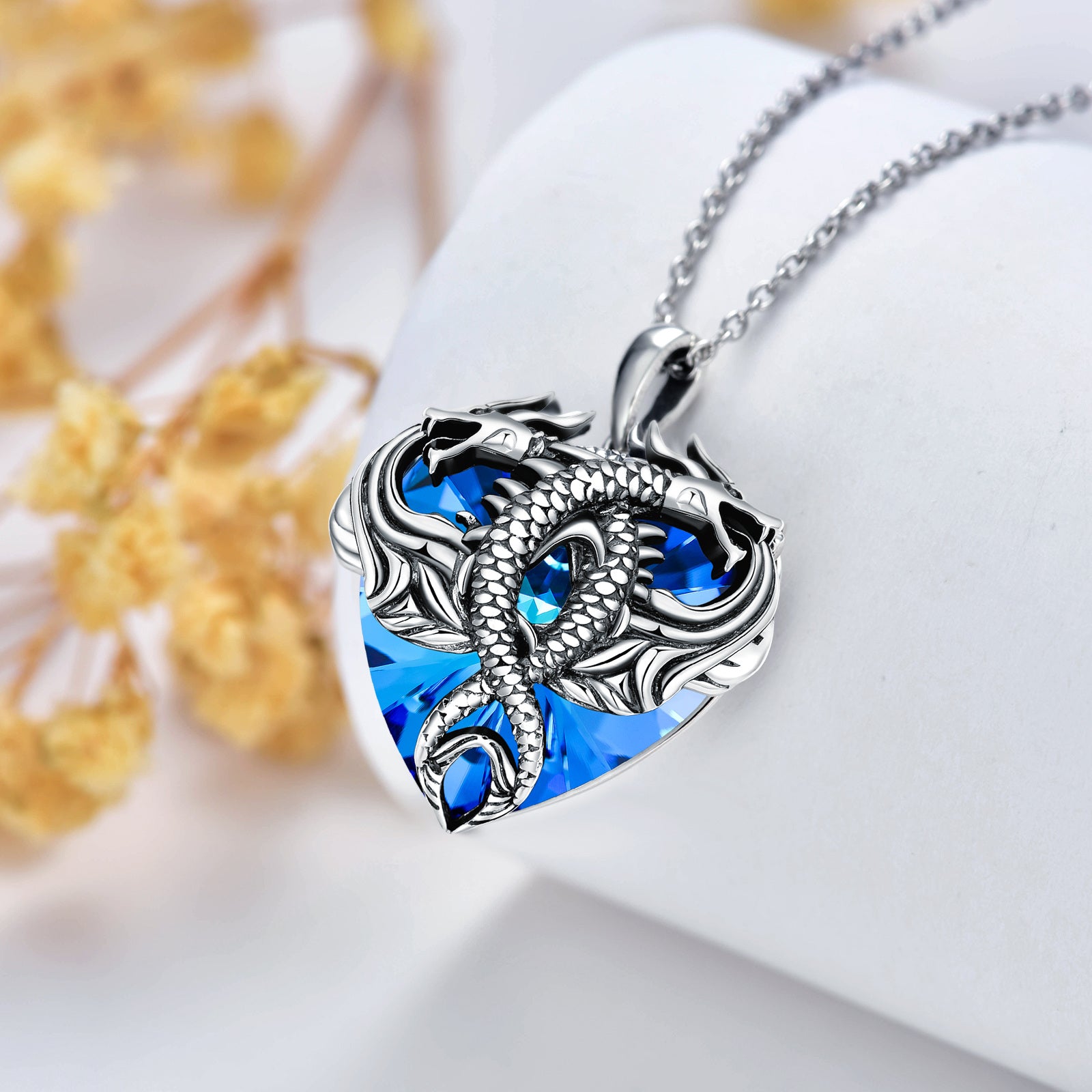 Sterling Silver Dragon Blue Heart Shaped Crystal Pendant Necklace