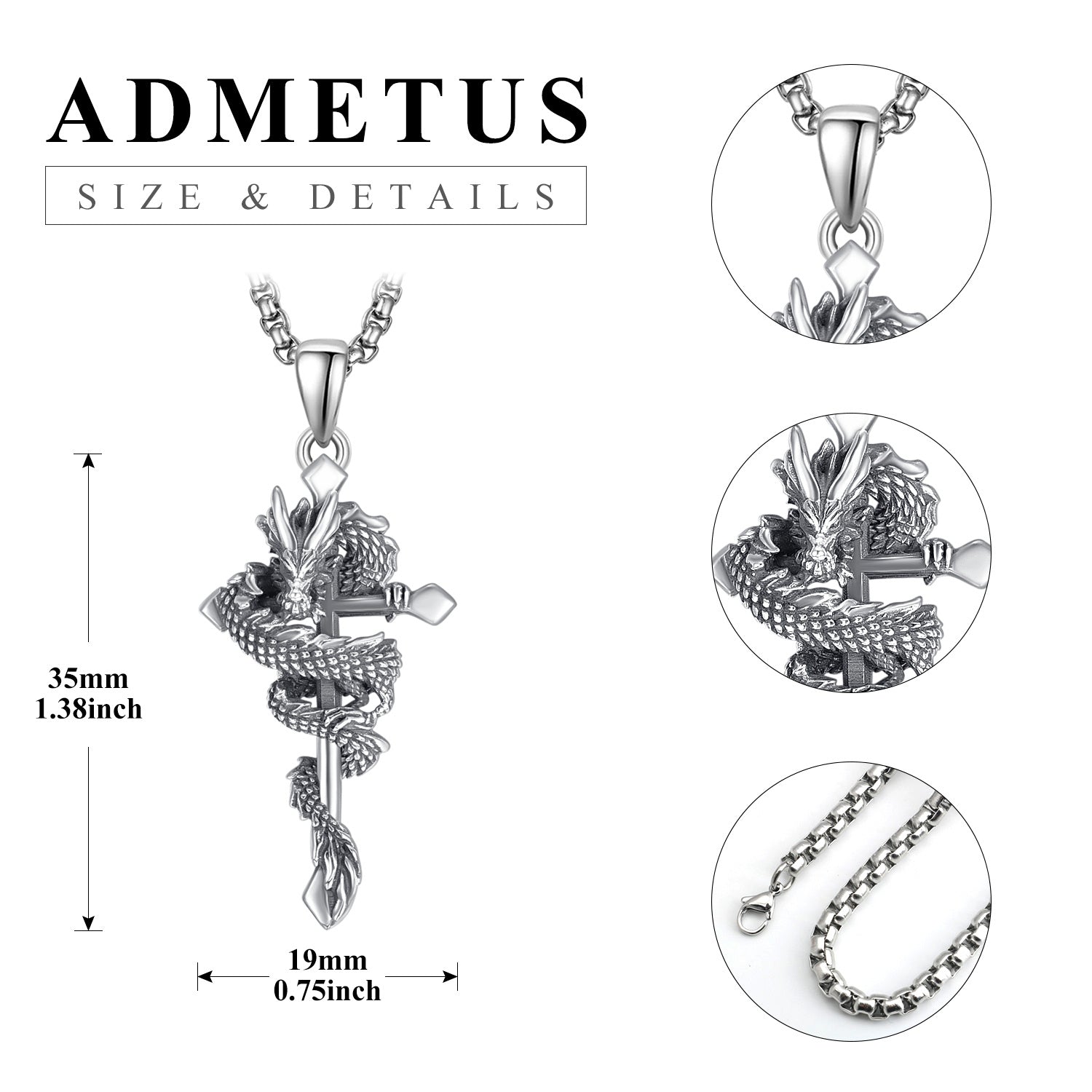 Sterling Silver Dragon & Cross Pendant Necklace