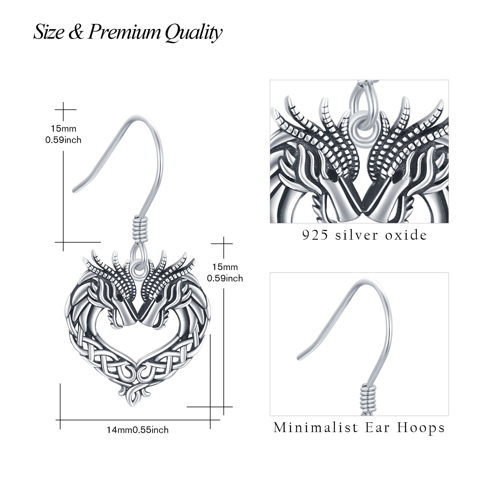 Sterling Silver Dragon & Heart Drop Earrings