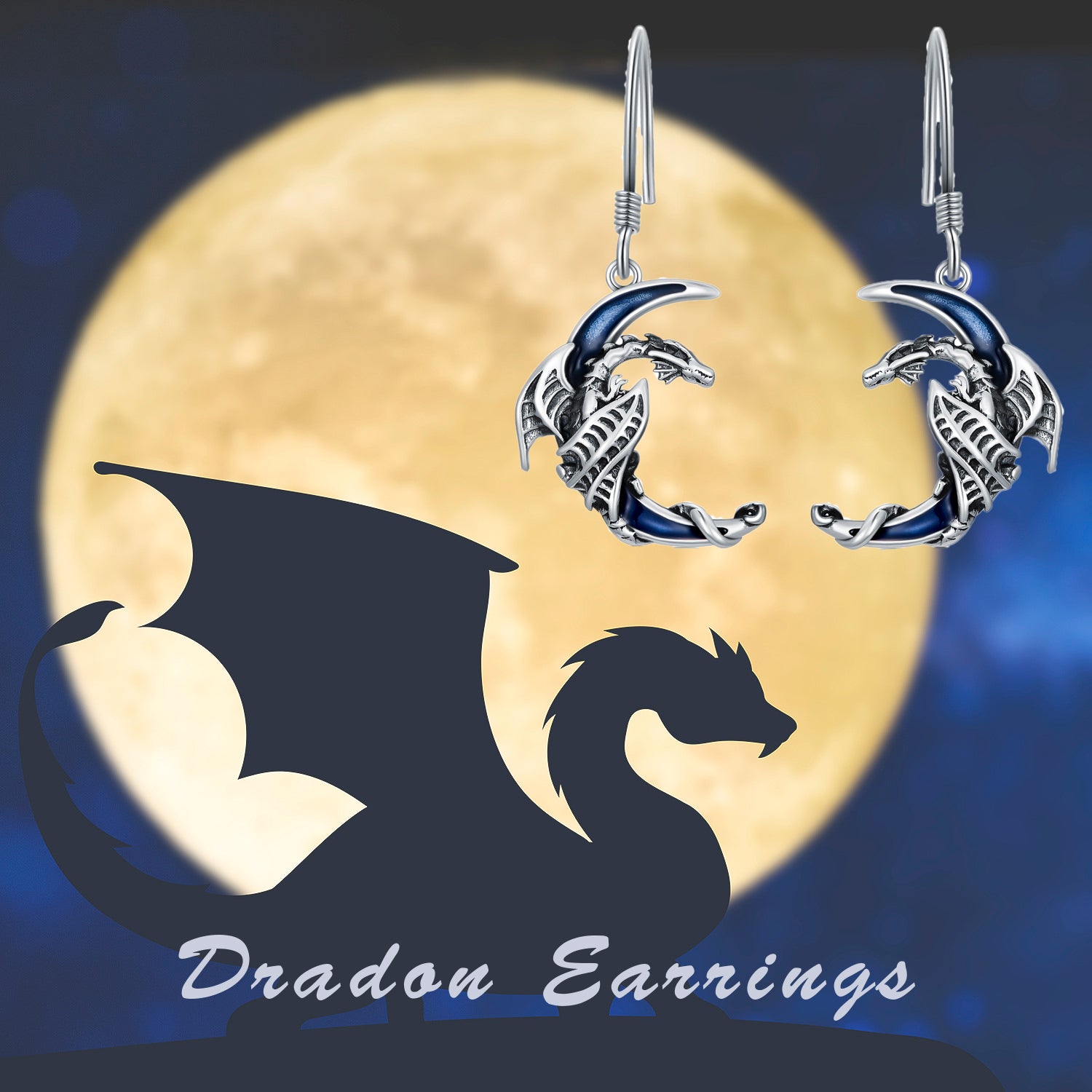 Sterling Silver Dragon & Moon Drop Earrings