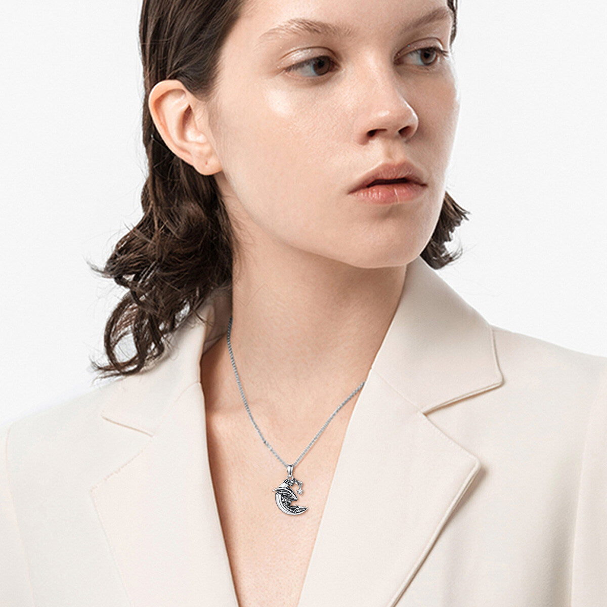 Sterling Silver Dragon & Moon Pendant Necklace