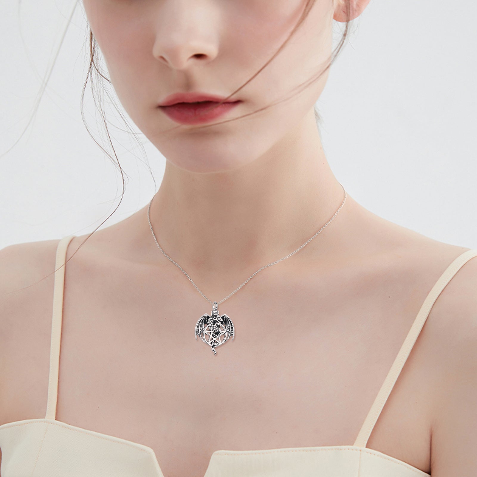 Sterling Silver Dragon & Pentagram Urn Necklace for Ashes