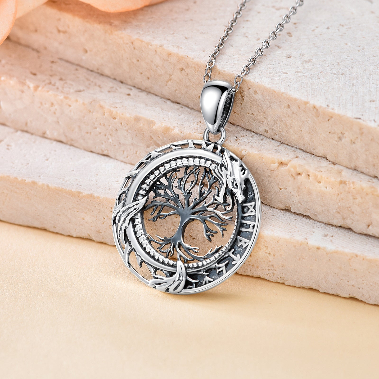 Sterling Silver Dragon Tree Of Life And Viking Rune Pendant Necklace For Unisex