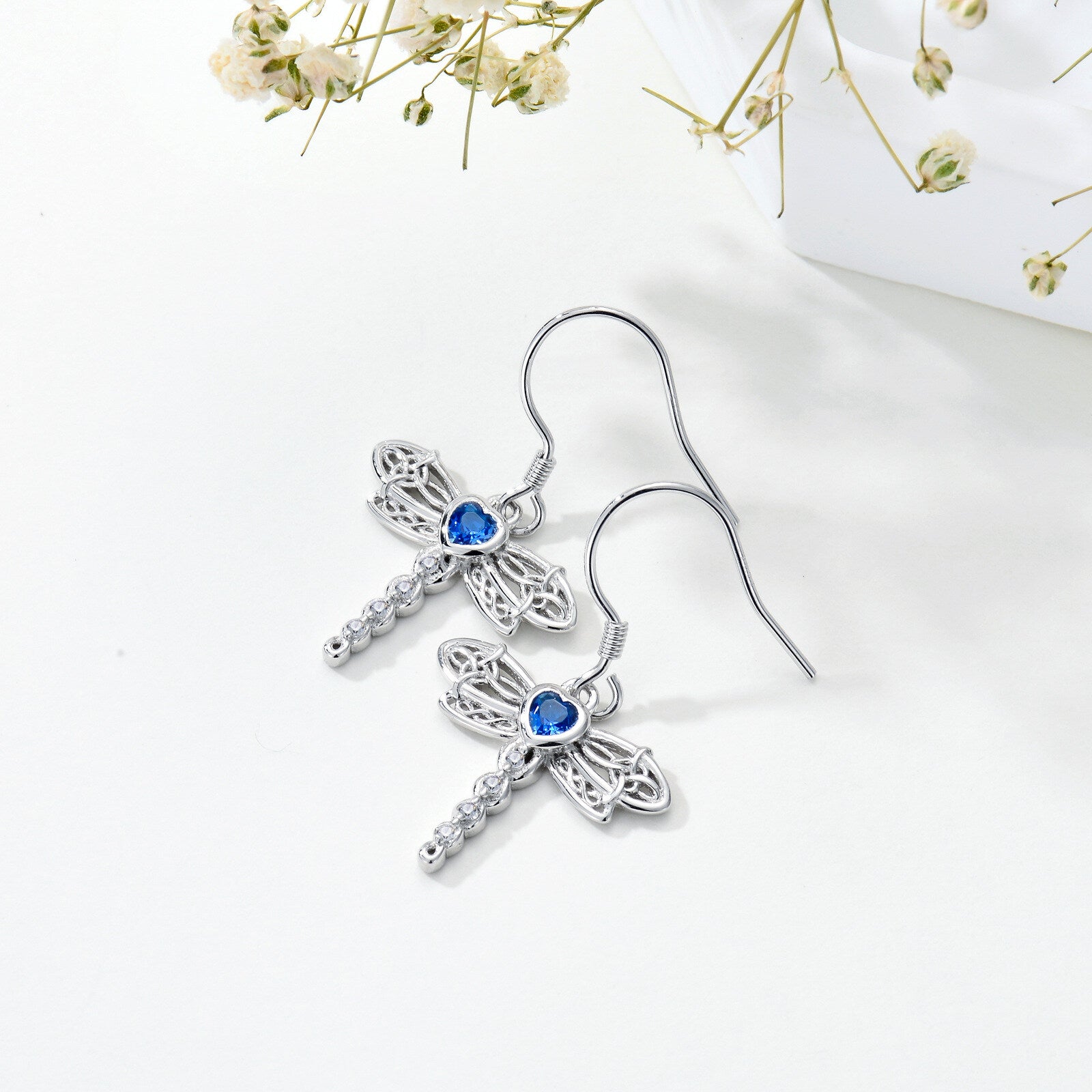 Sterling Silver Cubic Zirconia Dragonfly & Celtic Knot Drop Earrings