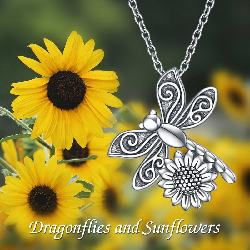 Sterling Silver Dragonfly & Sunflower Pendant Necklace