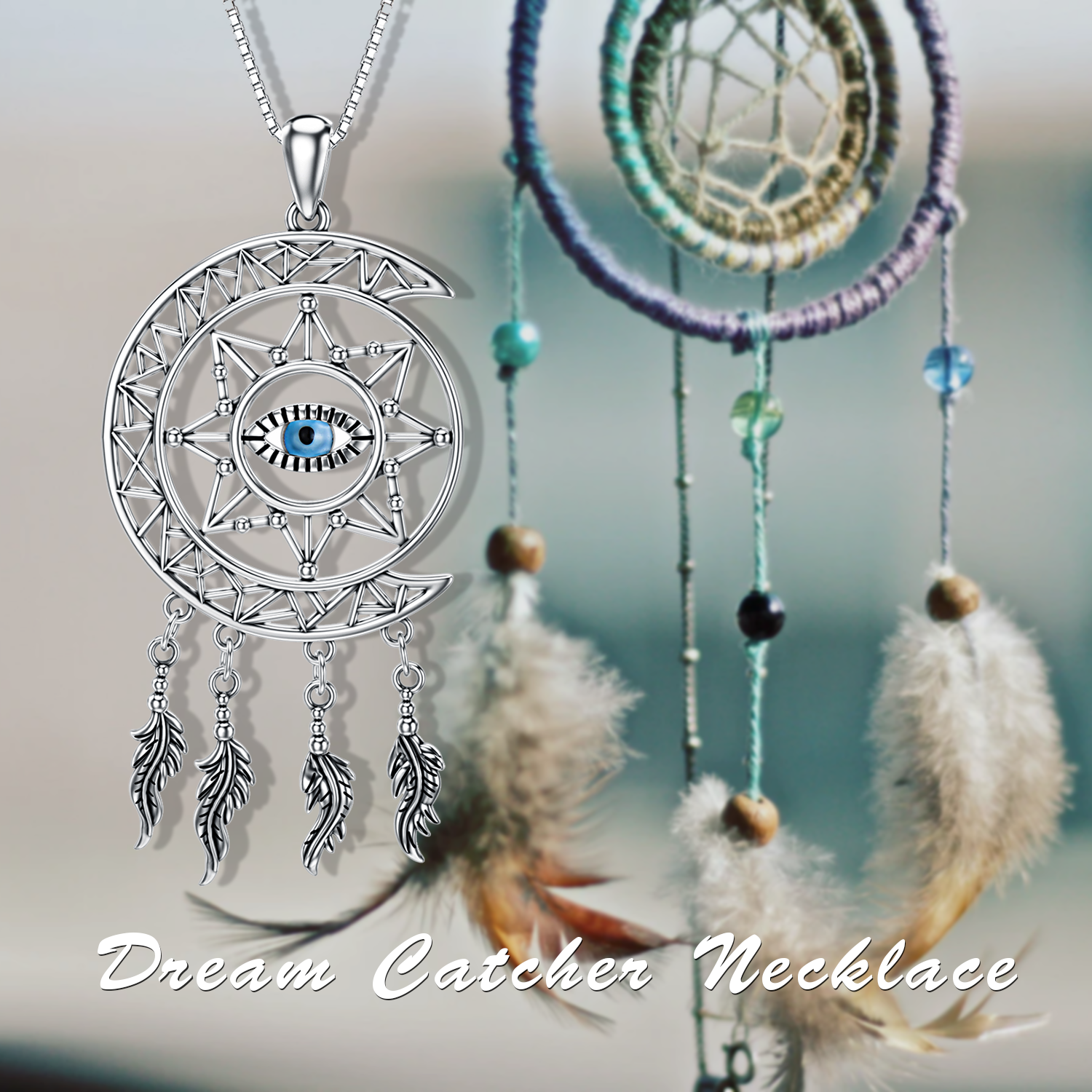 Sterling Silver Dream Catcher & Evil Eye Pendant Necklace