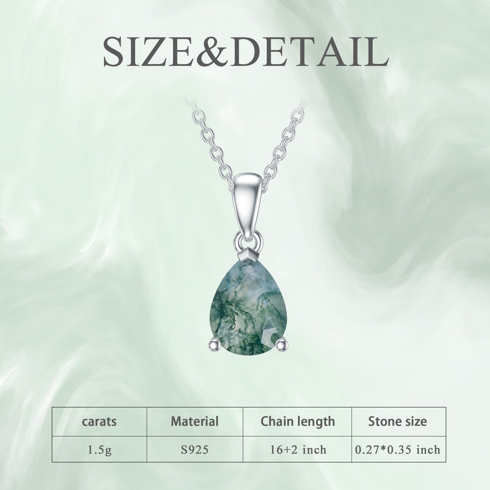 Sterling Silver Drop Shaped Moss Agate Pendant Necklace