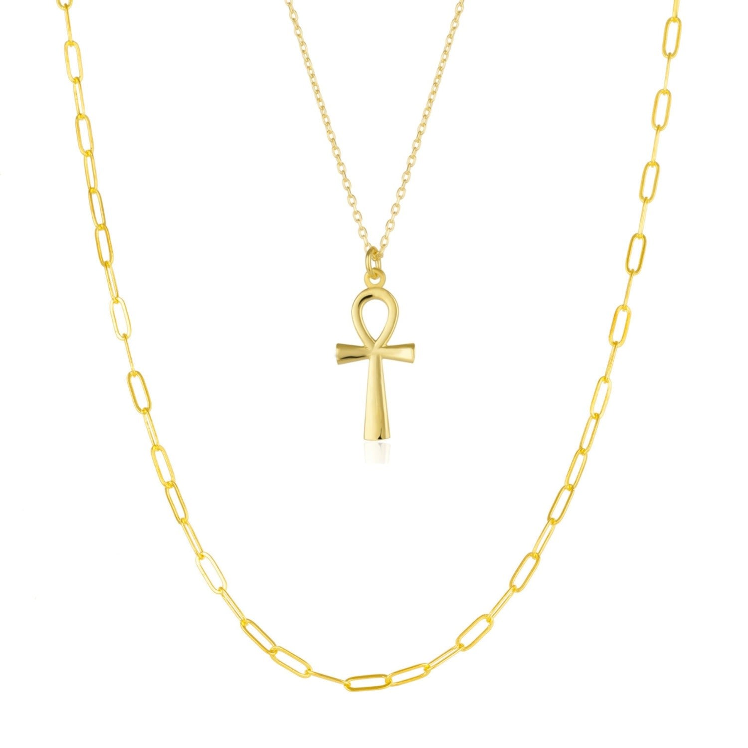 Sterling Silver Egyptian Ankh & Large Rectangular Chain Necklace - Gold