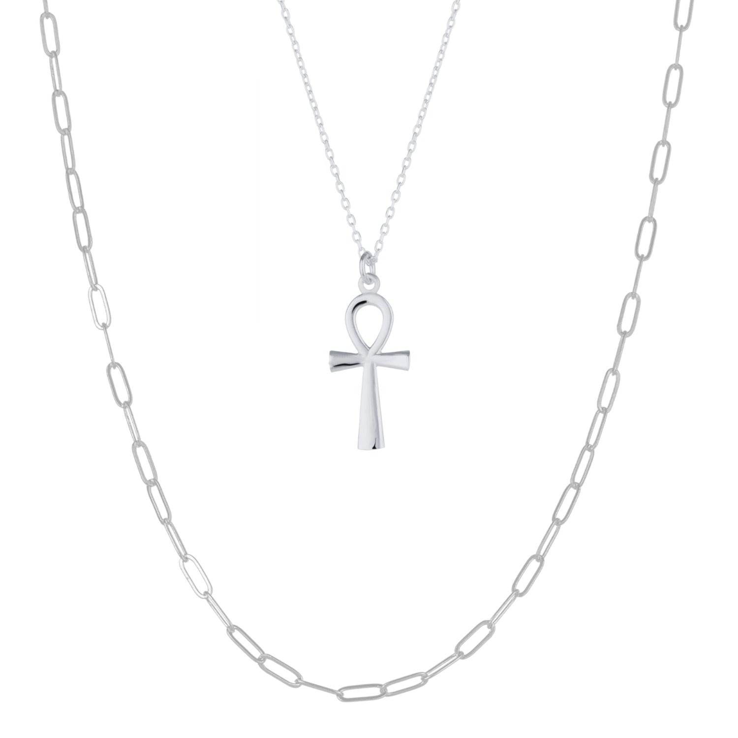 Sterling Silver Egyptian Ankh Large Rectangular Chain Necklace Silver
