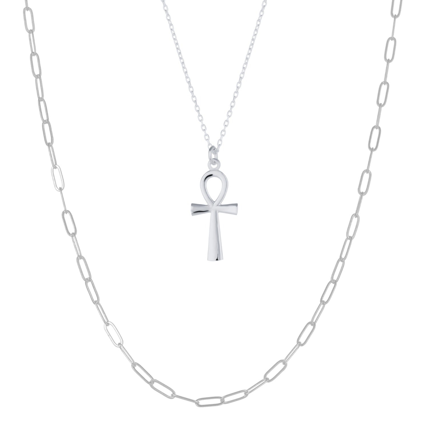 Sterling Silver Egyptian Ankh & Large Rectangular Chain Necklace - Silver