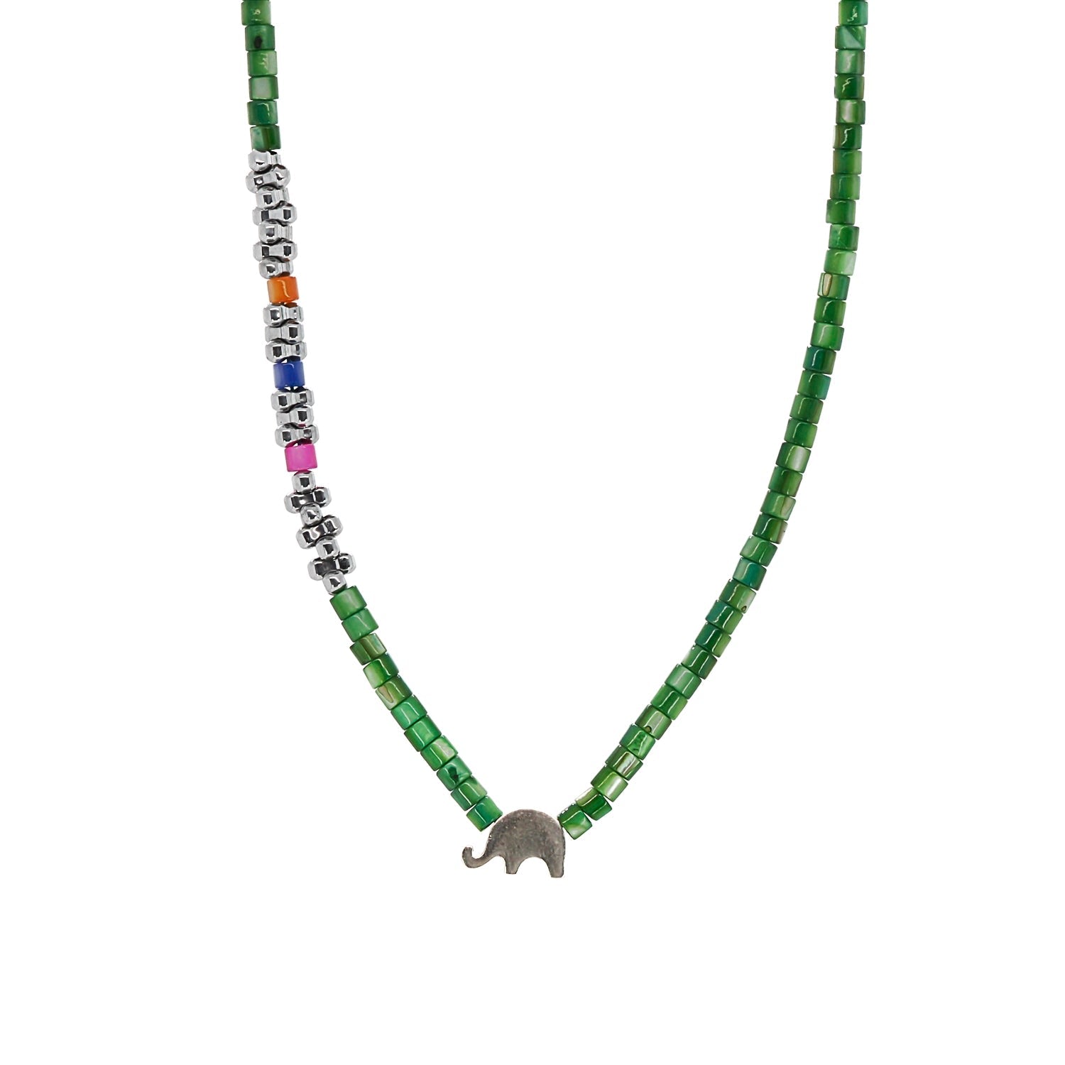 Sterling Silver Elephant Green Choker Necklace - Green