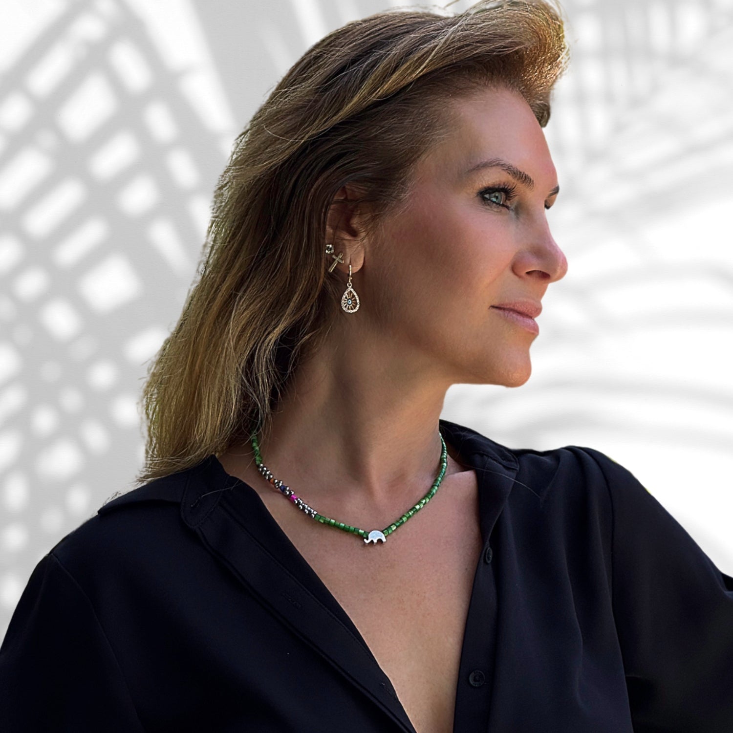 Sterling Silver Elephant Green Choker Necklace - Green