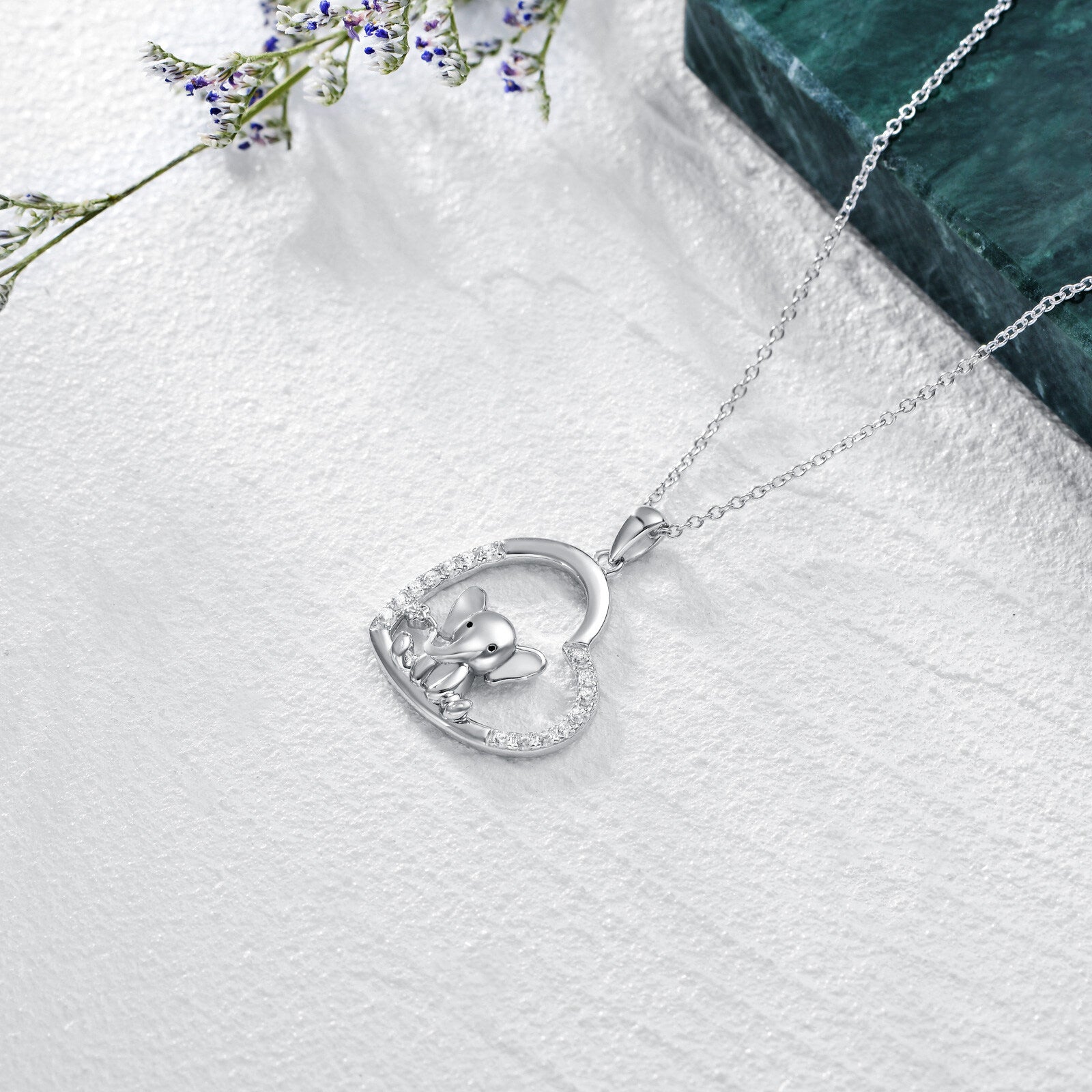 Sterling Silver Cubic Zirconia Elephant & Heart Pendant Necklace