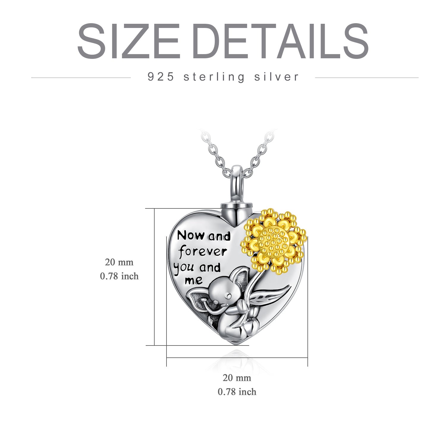 Sterling Silver Two-Tone Elephant & Heart With Sunflower Urn Necklace For Ashes