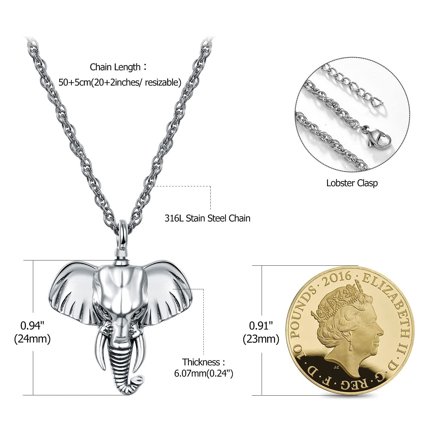 Sterling Silver Elephant Urn Necklace for Ashes with Cable Chain