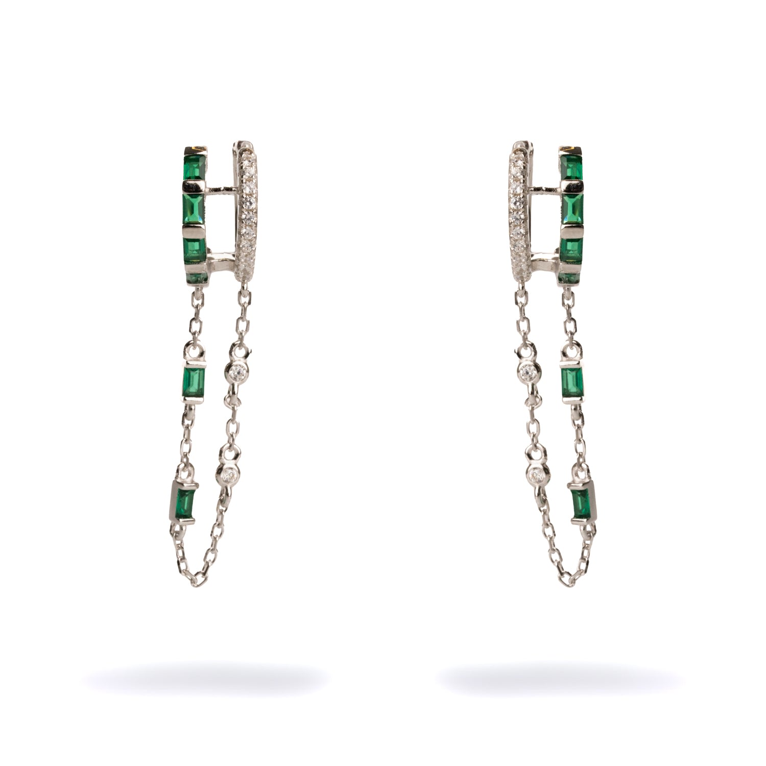 Emerald Stone Design Sterling Silver & Diamond Dangle Earrings - Green