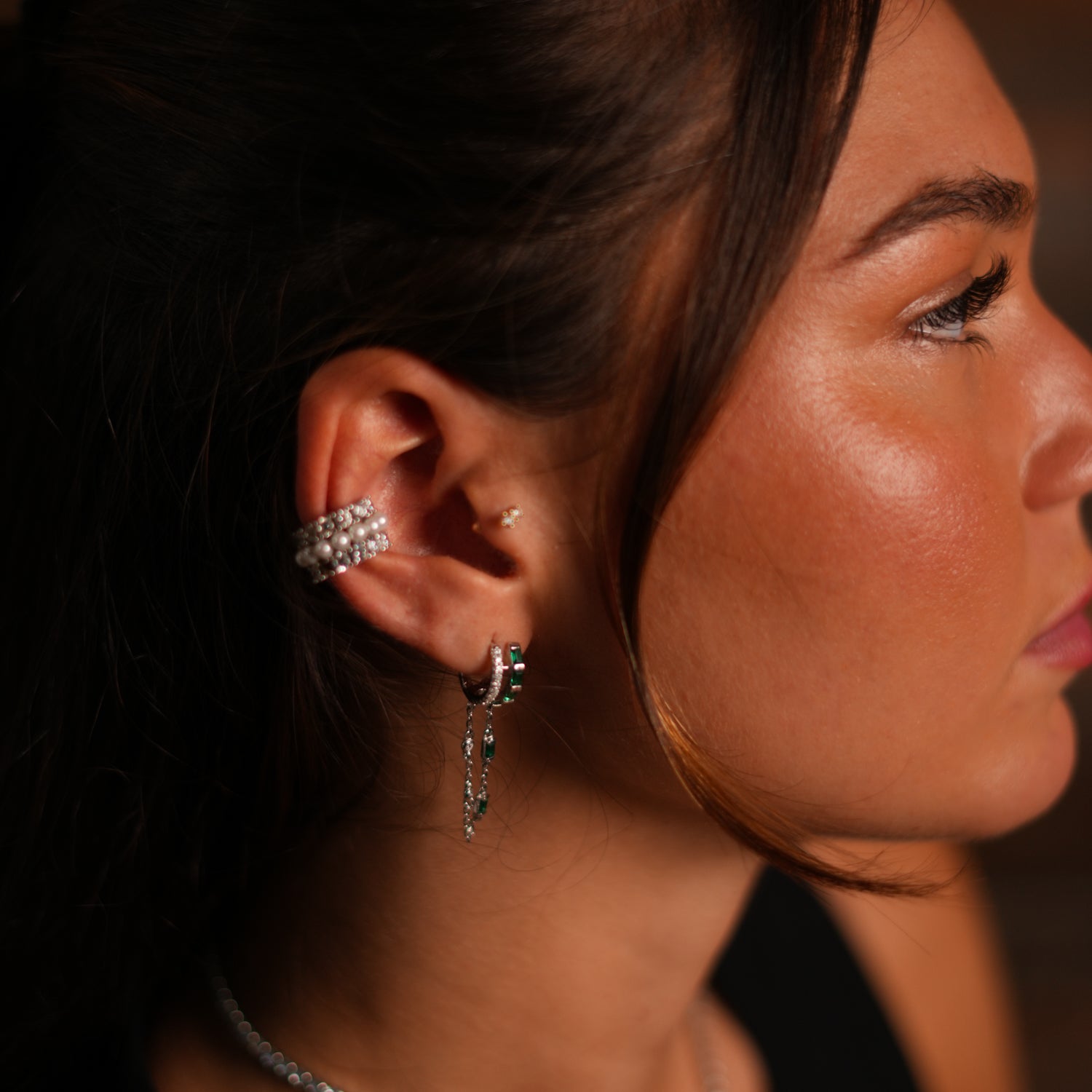 Emerald Stone Design Sterling Silver & Diamond Dangle Earrings - Green