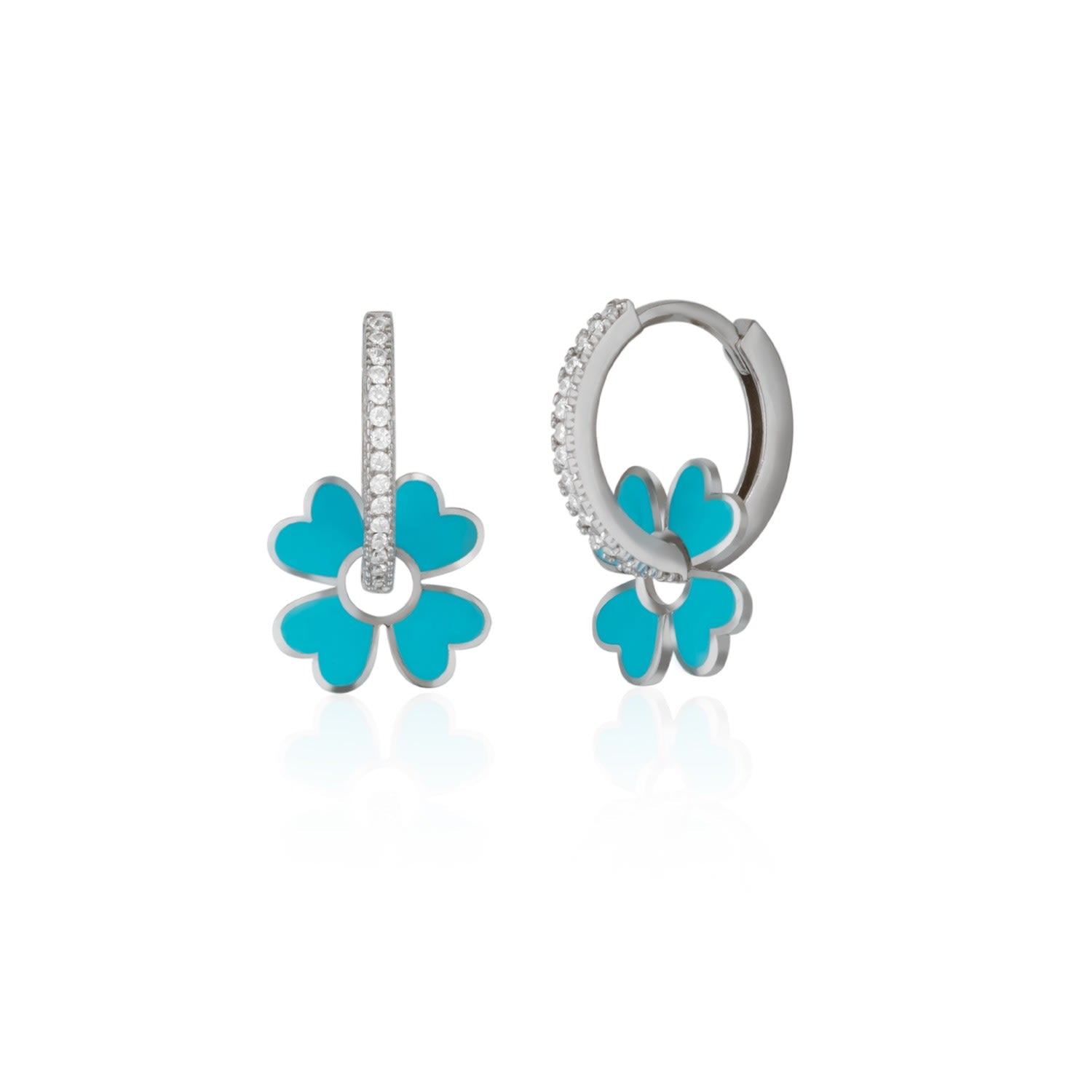Sterling Silver Enamel Clover Earrings - Turquoise - Silver