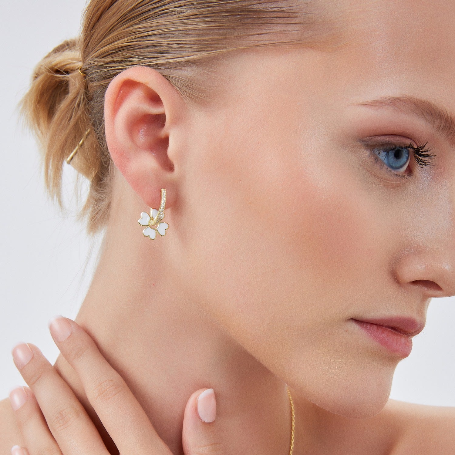 Sterling Silver Enamel Clover Earrings - White - Gold