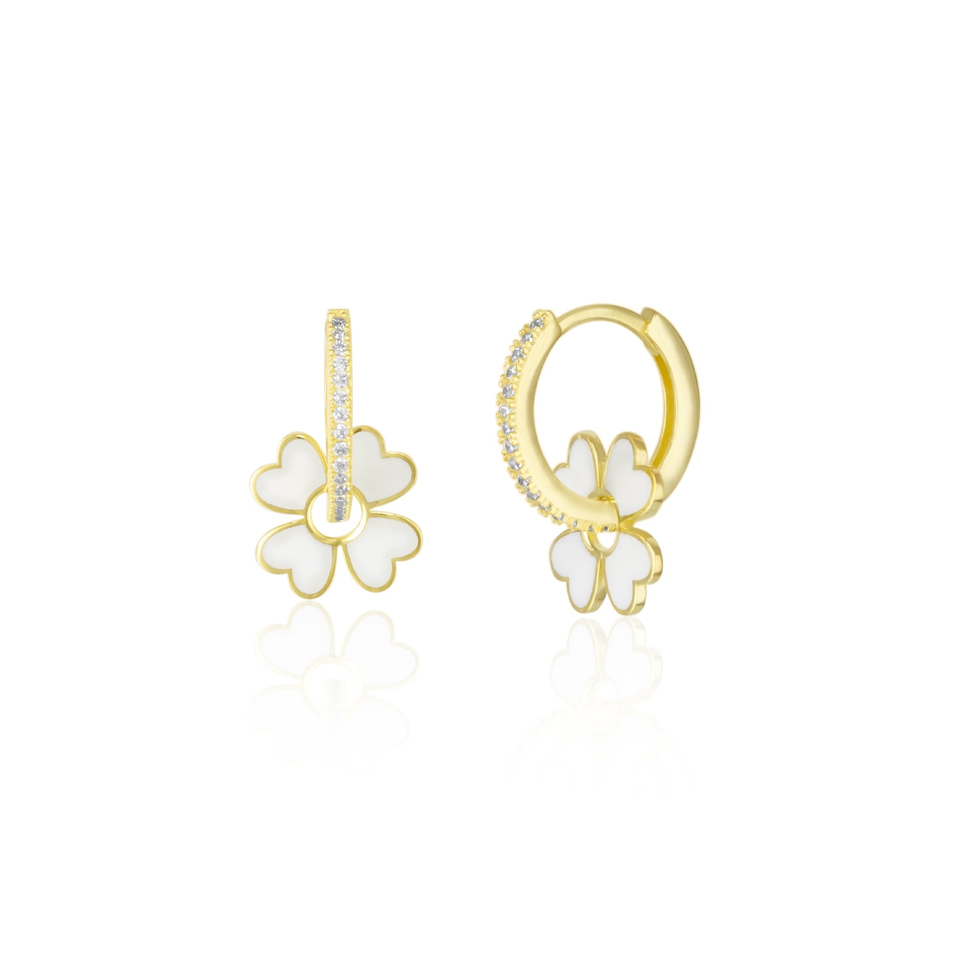 Sterling Silver Enamel Clover Earrings - White - Gold