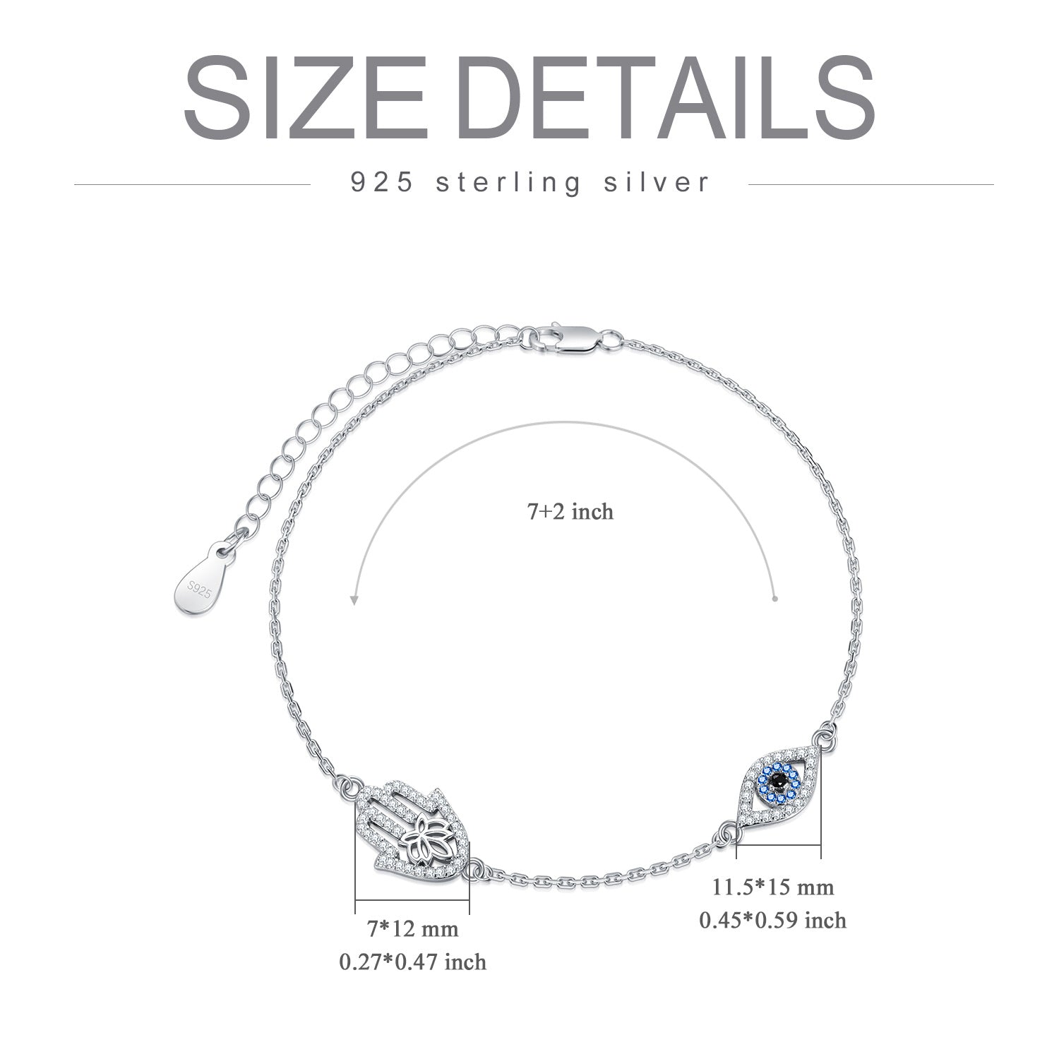 Sterling Silver Cubic Zirconia Evil Eye & Hamsa Hand Charm Bracelet
