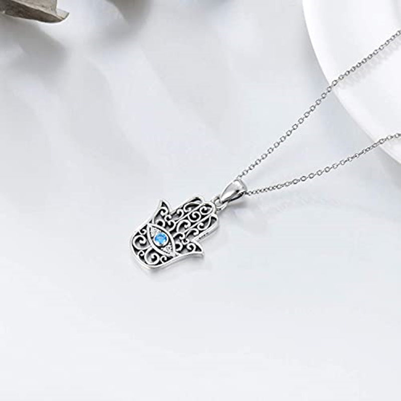 Sterling Silver Cubic Zirconia Evil Eye & Hamsa Hand Pendant Necklace