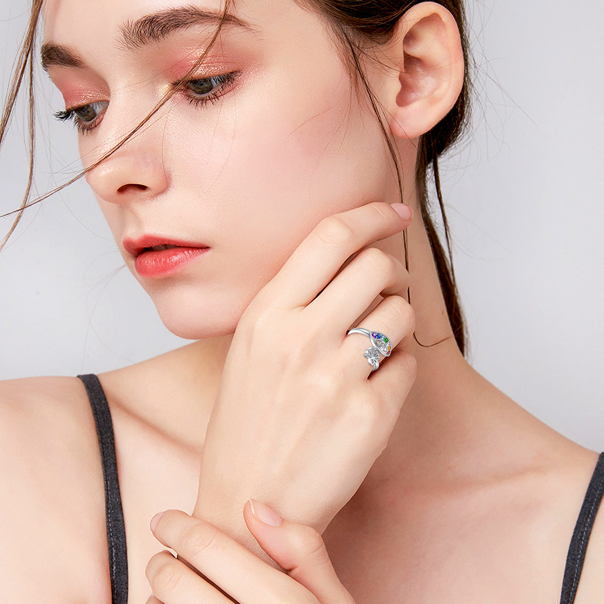 Sterling Silver Cubic Zirconia Lotus & Evil Eye Open Ring