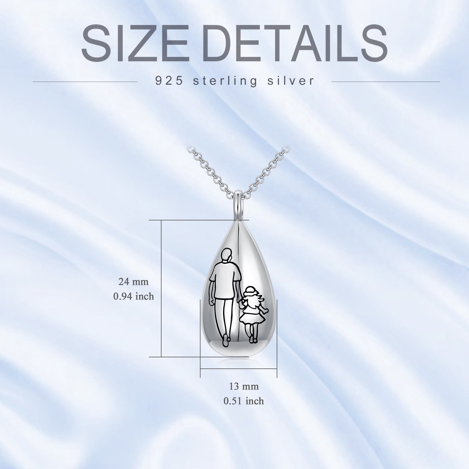 Sterling Silver Father & Daughter Drop Shape Urn necklace with Engraved Word