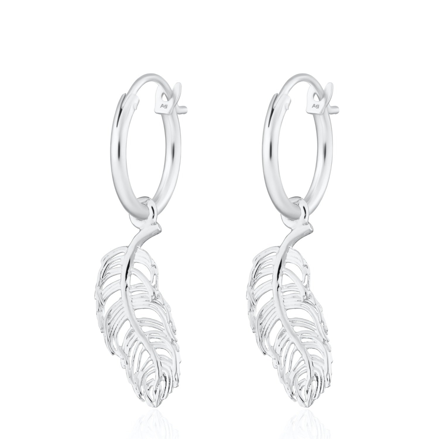Sterling Silver Feather Charm Hoop Earrings