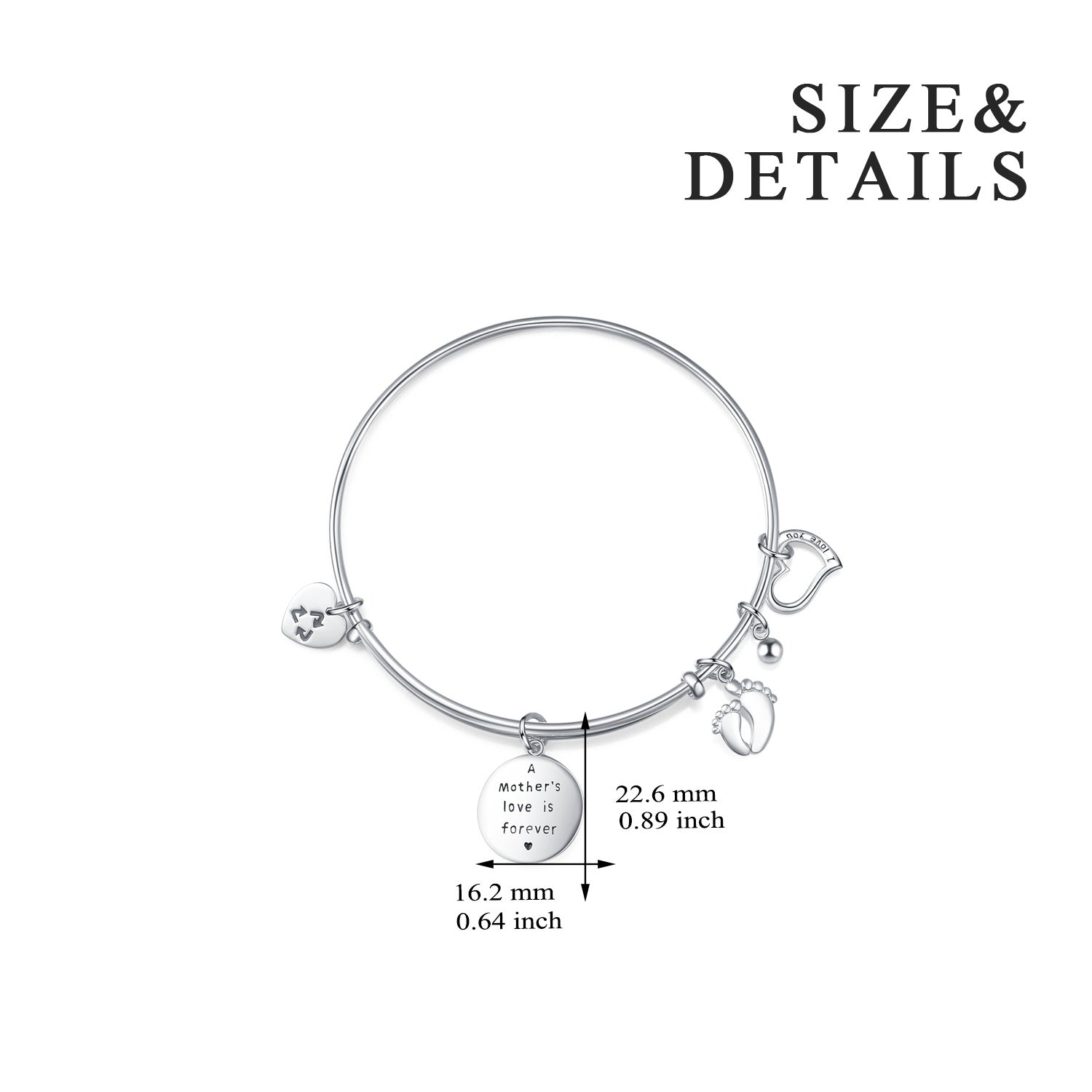 Sterling Silver Feet & Heart Pendant Bangle with Engraved Word