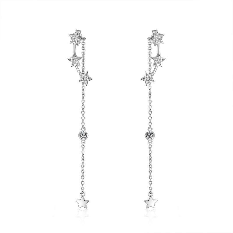 Sterling Silver Five-Pointed Star Cubic Zirconia Drop Earrings For Women