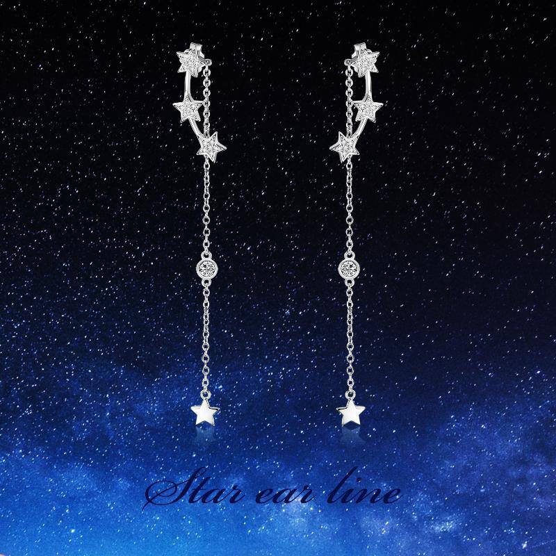 Sterling Silver Five-Pointed Star Cubic Zirconia Drop Earrings For Women