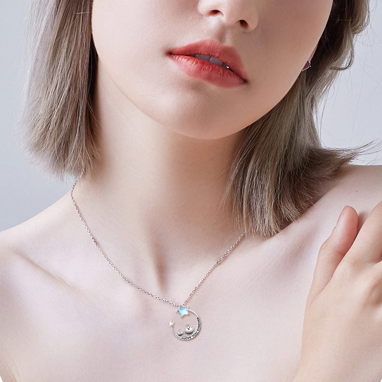 Sterling Silver Five-Pointed Star Moonstone Hedgehog Moon And Star Pendant Engraving Necklace For Women