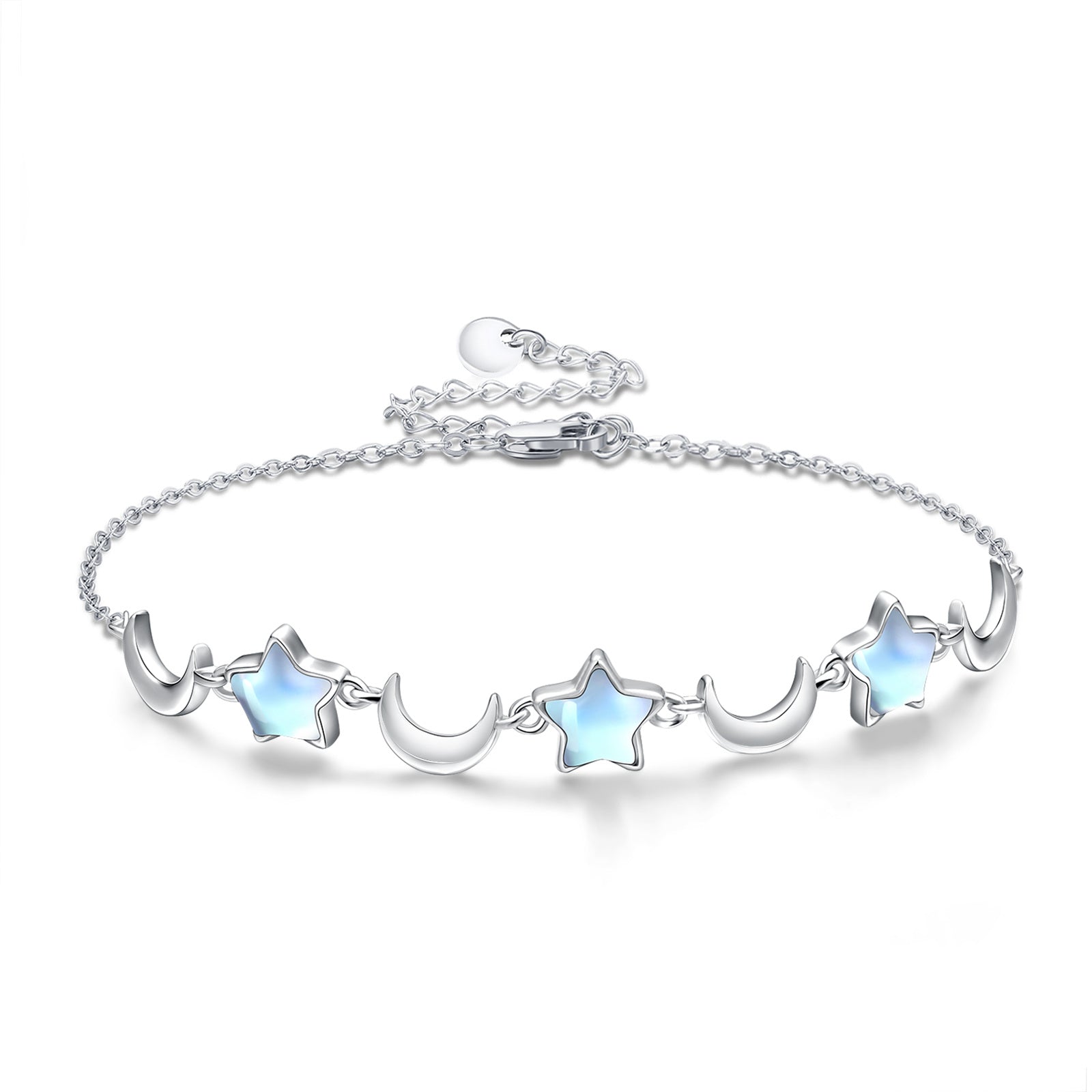 Sterling Silver Moonstone Moon & Star Charm Bracelet For Girl