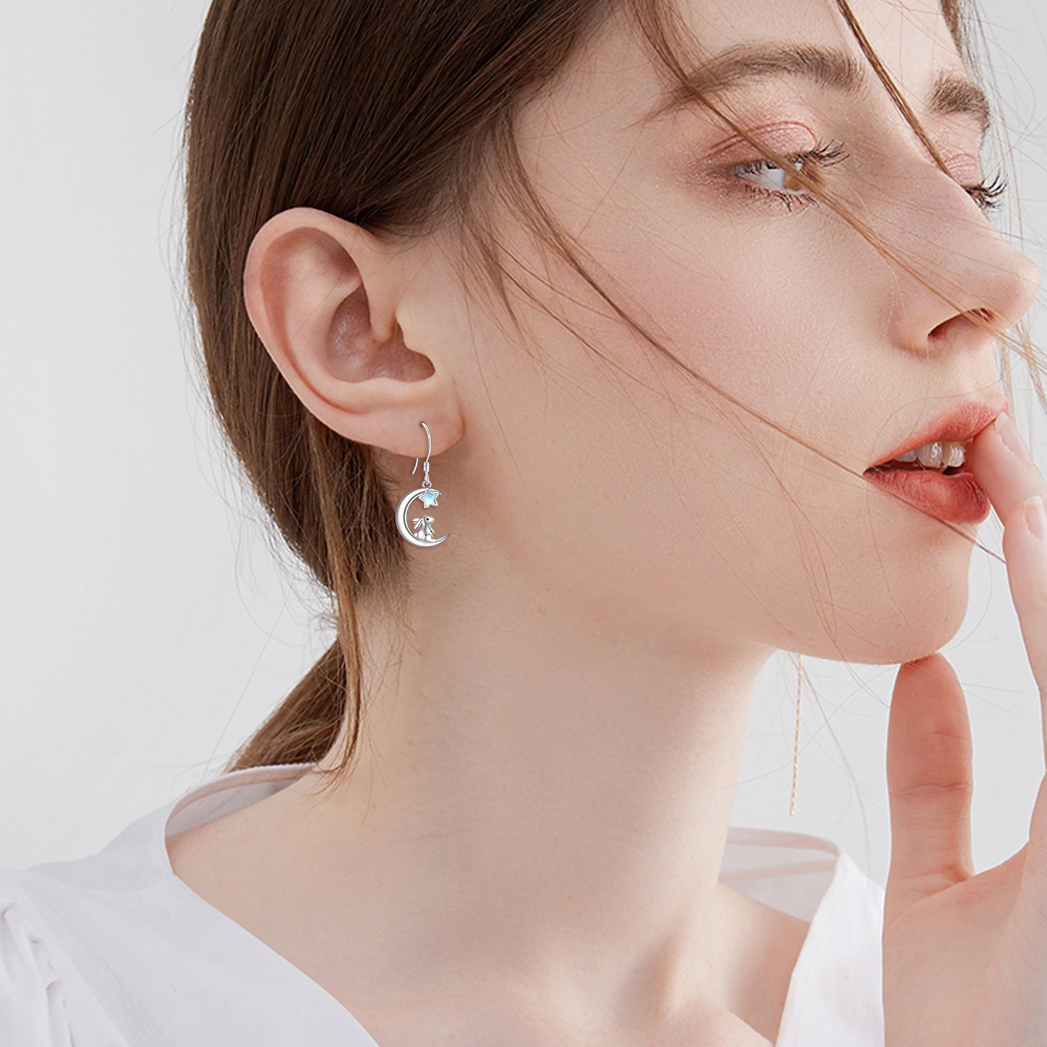 Sterling Silver Five-Pointed Star Shaped Moonstone Rabbit & Moon Drop Earrings